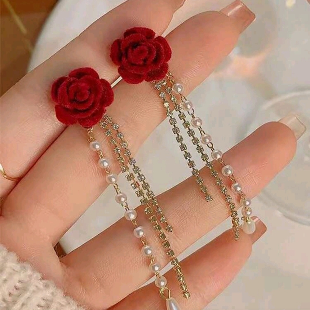 Elegant Red🌹Rose Faux Pearl & Rhinestone Chain Dangle Drop Earrings New!